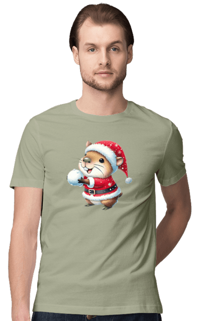 Men's t-shirt with prints Capybara playing snowballs. Animal, capybara, christmas, christmas capybara, game, gift, holiday, new year, santa, snowballs. 2070702