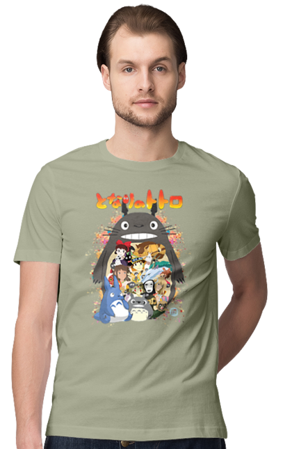 Men's t-shirt with prints Totoro. Adventures, anime, comedy drama, fantasy, film, my neighbor totoro, tv series. 2070702