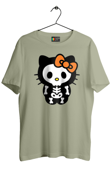 Футболка мужская с принтом Хелло Китти Хэллоуин. Halloween, hello kitty, zombie, бренд, зомби, котенок, персонаж, скелет, хелло китти, хэллоуин. 2070702