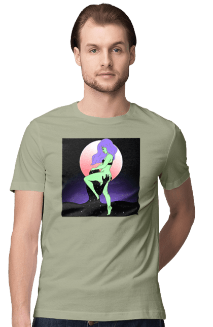 Футболка мужская с принтом Зеленая Девушка И Луна. Инопланетянка, луна. 2070702