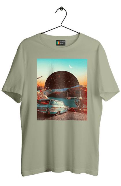 Футболка чоловіча з принтом "Картина, машина біля річки". Картина, машина, планета, прикол, ретро, річка. 2070702