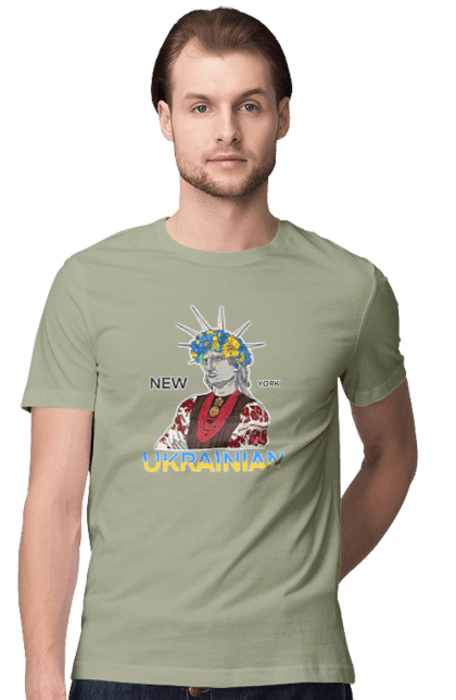 Men`s t-shirt with prints UA & NY. Embroidered shirt, new york, statue of liberty, ukraine, wreath. 2070702