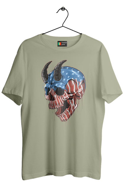 Men's t-shirt with prints Skull with horns. America, bones, dye, flag, horns, scull, states, teeth, usa. 2070702