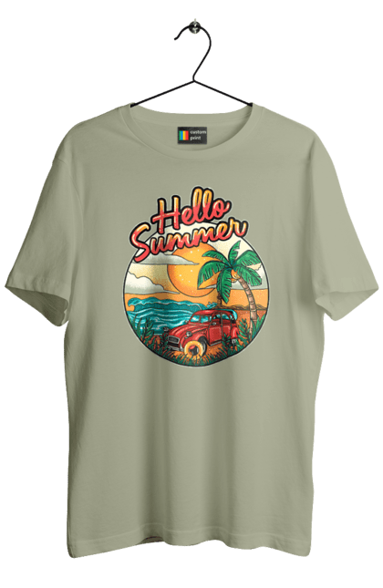 Футболка чоловіча з принтом "Привіт Літо, Машина Біля Моря". Літо, машина, острів, пальма, пляж. 2070702