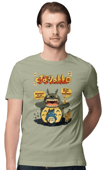 Men's t-shirt with prints Totoro. Adventures, anime, comedy drama, fantasy, film, my neighbor totoro, tv series. 2070702