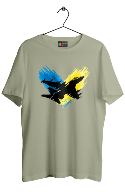 Футболка чоловіча з принтом "Літак F 16". З прапором, зсу, літак, літак f16, патріотична, прапор, ф16. 2070702