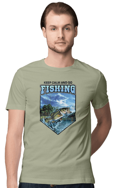 Футболка чоловіча з принтом "Keep Calm and Go Fishing". Відпочинок на природі, для рибалок, для чоловіків, мисливці та риболови, природа, рибалка, риболовля, спінінг, хоббі. 2070702