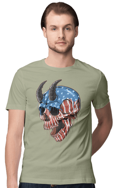 Men's t-shirt with prints Skull with horns. America, bones, dye, flag, horns, scull, states, teeth, usa. 2070702