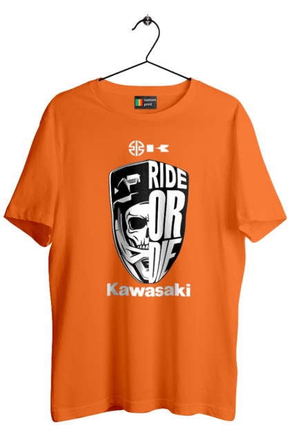 Футболка мужская с принтом Kawasaki. Kawasaki, ride or die, бренд, мотоцикл, спорт, череп. 2070702