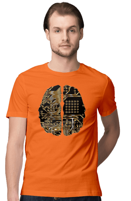 Футболка чоловіча з принтом "Мозок Айті". Айті, айтішник, гик, знання, золотий, золото, інженер, кібер, кібернетика, кіборг, код, комп, кристал, мікросхема, мозок, програміст, професіонал, професія, розробник, розум, чіп. 2070702