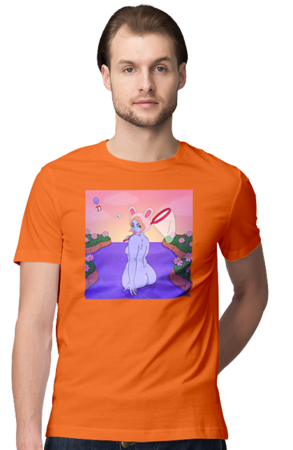 Футболка чоловіча з принтом "Фіолетова Дівчина На Полюванні". Гола, дівчина, сачок. 2070702