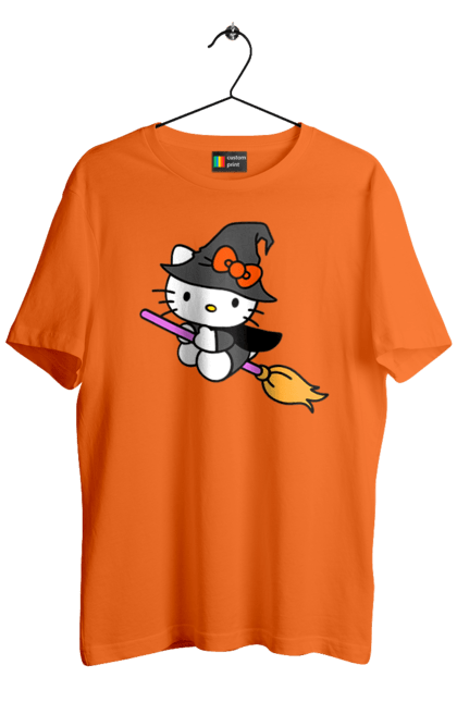 Футболка мужская с принтом Хелло Китти Хэллоуин. Halloween, hello kitty, witch, бренд, ведьма, кот, котенок, персонаж, хелло китти, хэллоуин. 2070702