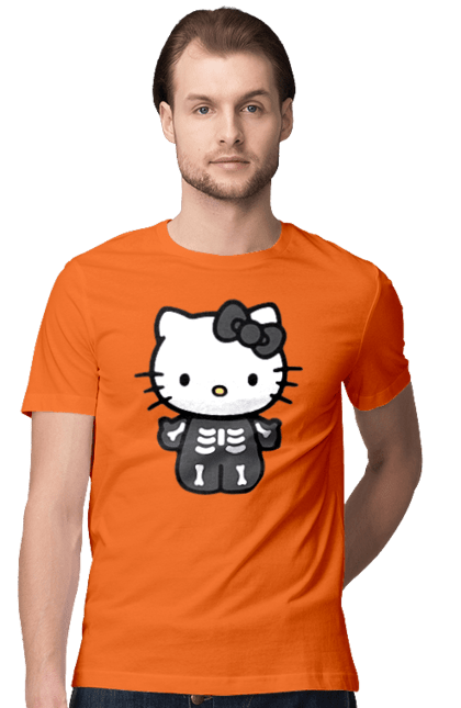 Футболка мужская с принтом Хелло Китти Хэллоуин. Halloween, hello kitty, zombie, бренд, зомби, котенок, персонаж, скелет, хелло китти, хэллоуин. 2070702