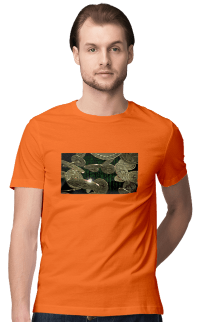 Футболка чоловіча з принтом "Біткойн". Багатство, біткойн, валюта, гроші, криптовалюта, курс, майнінг, матриця, монета, розкіш, цифровий світ. 2070702