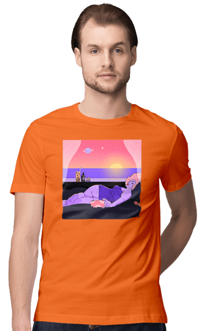 Футболка чоловіча з принтом "Фіолетова Дівчина На Відпочинку". Дівчина, захід, телефон. 2070702