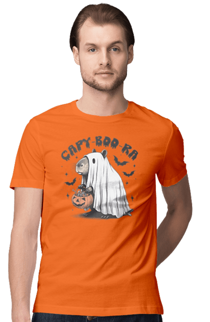 Men's t-shirt with prints Capybara Halloween. Animal, capybara, ghost, halloween, holiday, moon, pumpkin, rodent. 2070702