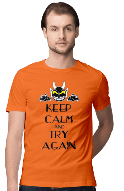 Men's t-shirt with prints Keep calm and try again. Calmness, demon, heck, keep calm, satan, stay calm, try again. 2070702