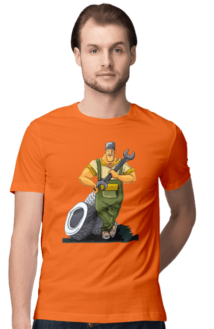 Футболка чоловіча з принтом "Автомайстер". Гайковий ключ, колеса, професія. 2070702