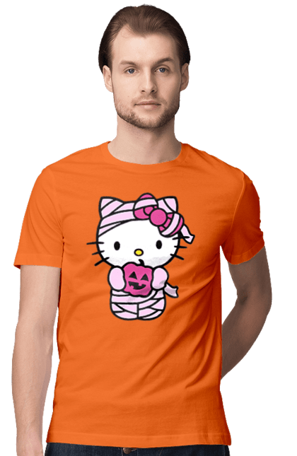 Футболка мужская с принтом Хелло Китти Хэллоуин. Halloween, hello kitty, mummy, бренд, кот, котенок, мумия, персонаж, хелло китти, хэллоуин. 2070702