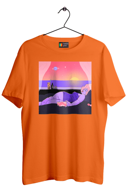 Футболка чоловіча з принтом "Фіолетова Дівчина На Відпочинку". Дівчина, захід, телефон. 2070702