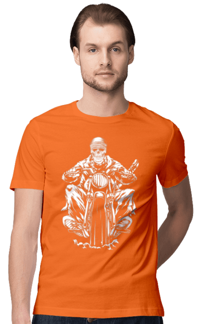 Men`s t-shirt with prints Skull on a motorcycle. Biker, motorcycle, skeleton, skull. 2070702