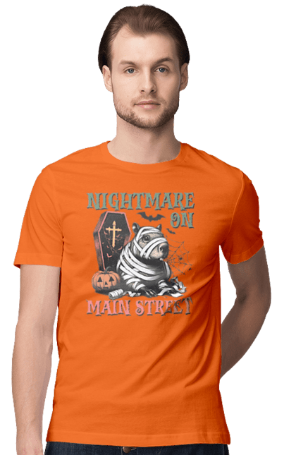 Men's t-shirt with prints Capybara Halloween. Animal, capybara, ghost, halloween, holiday, moon, mummy, pumpkin, rodent. 2070702