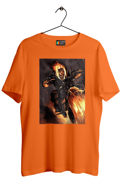 Men`s t-shirt with prints Hell Racer. Chopper, fire, hell racer, motorcycle, skeleton. 2070702