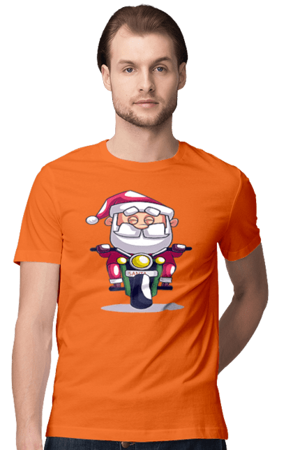 Футболка чоловіча з принтом "Щасливий Санта на мотоциклі". 2022, дід мороз, зима, мотоцикл, новий рік, різдво, санта, сніг. 2070702