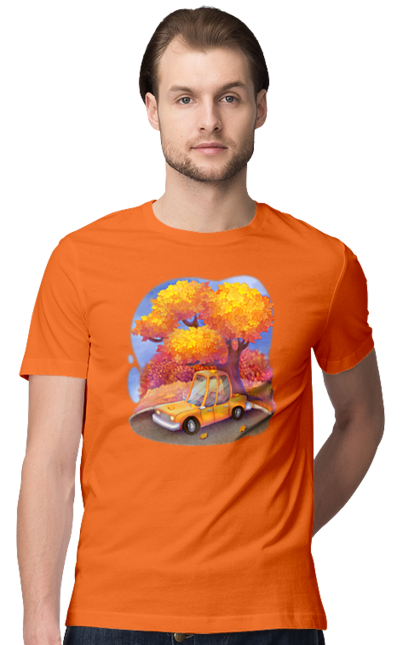 Men`s t-shirt with prints Autumn Car Tree. Autumn, machine, orange, tree, yellow cute illustration. 2070702