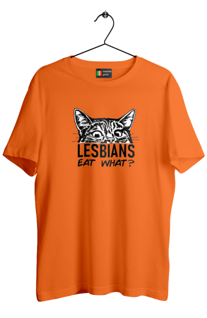 Men`s t-shirt with prints What do lesbians eat?. Funny inscriptions, humor, jokes, kittens, lesbians, lgbt. 2070702
