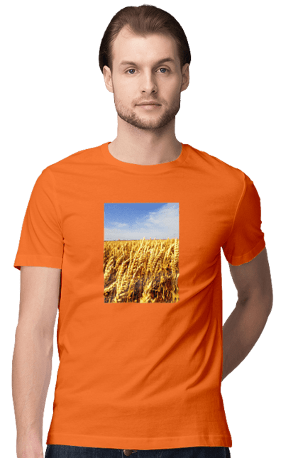 Men`s t-shirt with prints Ukraine. Beauty, blue, field, nature, sky, wheat. 2070702