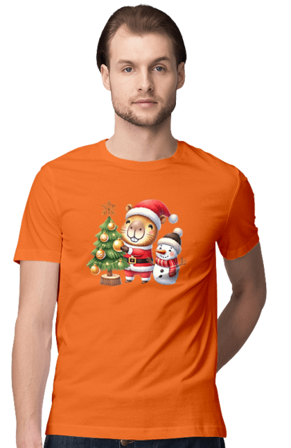 Men's t-shirt with prints Christmas Capybara with a Tree. Animal, capybara, christmas, christmas capybara, christmas tree, gift, holiday, new year, new year`s gift, santa. 2070702