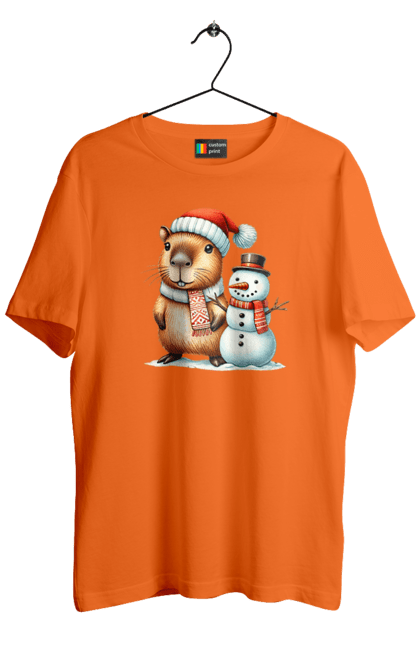 Men's t-shirt with prints Capybara and Snowman. Animal, capybara, christmas, christmas capybara, gift, holiday, new year, new year`s gift, santa, snowman. 2070702