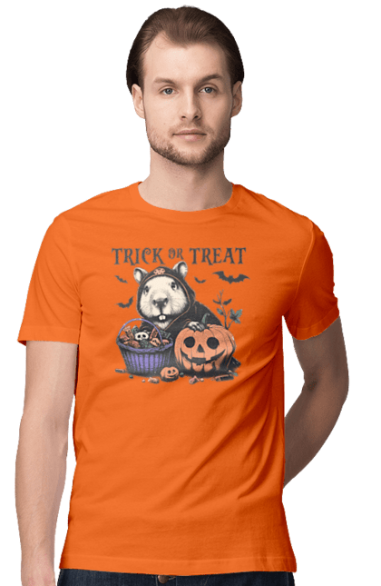 Men's t-shirt with prints Capybara Halloween. Animal, capybara, halloween, holiday, moon, pumpkin, rodent. 2070702