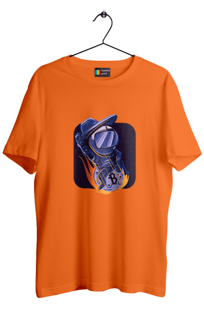 Футболка чоловіча з принтом "Космо біткоїн". Биткоин, бінарний, біткоїн, біткойн, валюта, гроші, крипто, програміст, хакер. 2070702