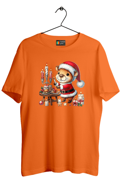 Men's t-shirt with prints Capybara and Christmas Dinner. Animal, capybara, christmas, christmas capybara, christmas dinner, gift, holiday, new year, new year`s gift, santa. 2070702