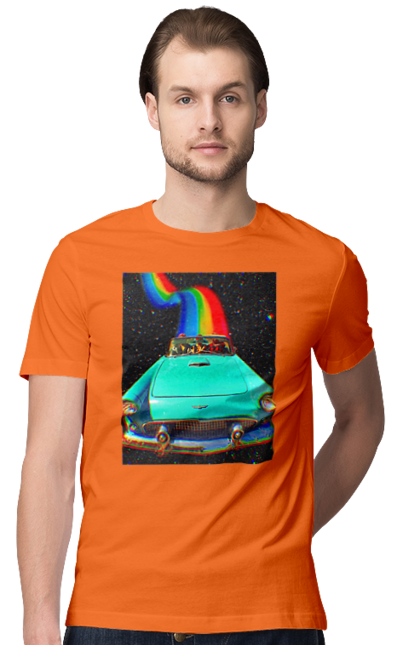 Футболка чоловіча з принтом "Картина, машина у космосі". Веселка, картина, космос, машина, подорожі, поїздка, прикол, ретро. 2070702