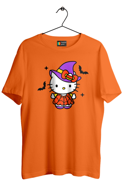 Футболка мужская с принтом Хелло Китти Хэллоуин. Halloween, hello kitty, witch, бренд, ведьма, кот, котенок, персонаж, хелло китти, хэллоуин. 2070702