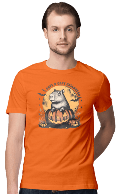 Men's t-shirt with prints Capybara Halloween. Animal, capybara, halloween, holiday, moon, pumpkin, rodent. 2070702