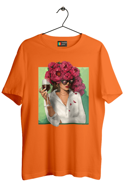 Футболка чоловіча з принтом "Дівчина з півоніями та келихом". Вино, дівчина, квітка, келих, літо, окуляри, півонії, сорочка. 2070702