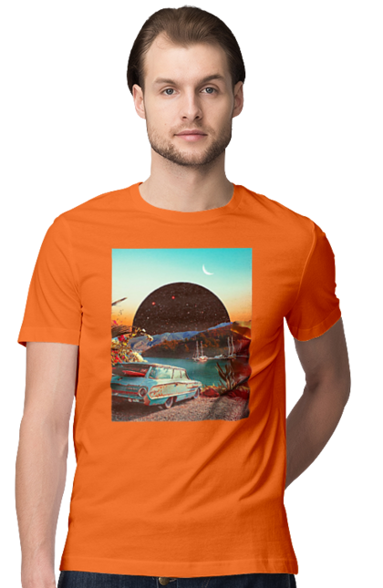 Футболка чоловіча з принтом "Картина, машина біля річки". Картина, машина, планета, прикол, ретро, річка. 2070702