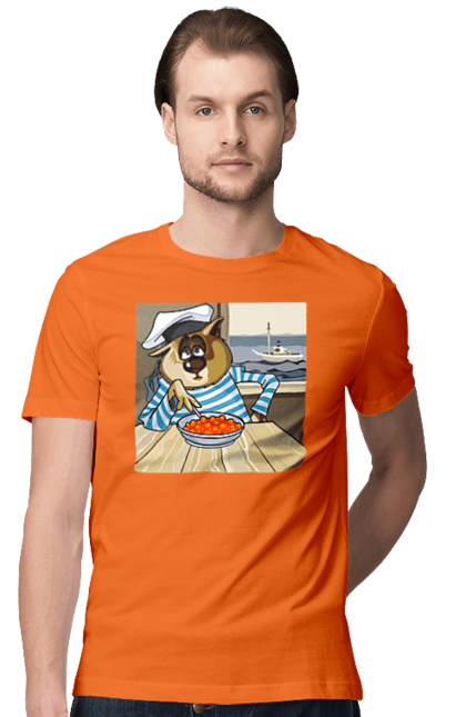 Футболка чоловіча з принтом "Кот Моряк, На Кораблі Їсть Червону Ікру". Ікра, кіт, корабель, моряк. 2070702