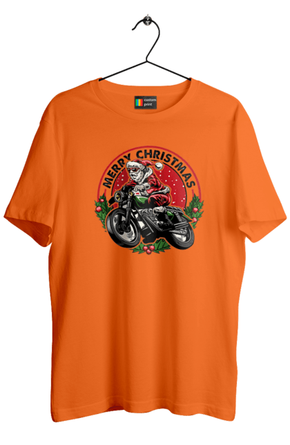 Футболка чоловіча з принтом "Щасливого Різдва, дід мороз на мотоциклі". 2022, дід мороз, зима, мотоцикл, новий рік, подарунки, різдво, санта, сніг. 2070702