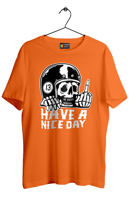 Футболка чоловіча з принтом "Гарного дня". Байкерська, гарного дня, з черепом, тринадцять, фак, череп. 2070702