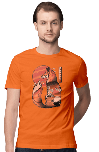 Футболка мужская с принтом Кицунэ. Animal, cherry blossoms, flowers, fox, great wave, japan, japanese, kitsune, red fox, кицунэ. 2070702