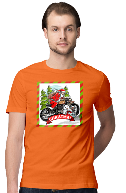Men`s t-shirt with prints Santa on a motorcycle. Christmas, motorcycle, new year, presents, santa, snowman, tree. 2070702