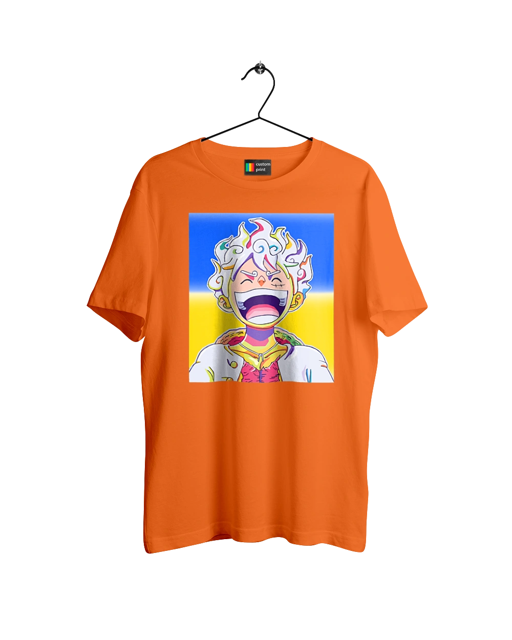 Монки д Луффи смеется на желтом синем фоне.