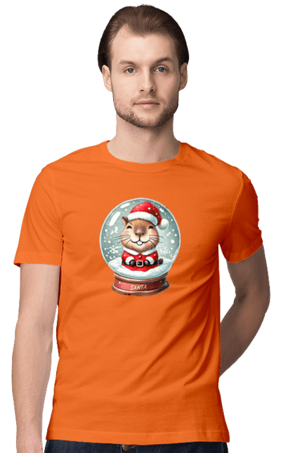 Men's t-shirt with prints Capybara in a snow globe. Animal, capybara, christmas, christmas capybara, gift, holiday, new year, new year`s gift, santa, snow globe. 2070702