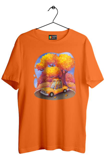 Men`s t-shirt with prints Autumn Car Tree. Autumn, machine, orange, tree, yellow cute illustration. 2070702
