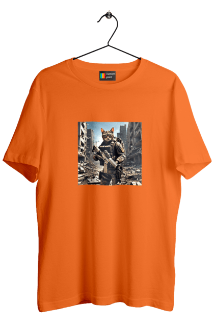 Футболка чоловіча з принтом "Кіт десантник". Бронежилет, війна, військовий, гвинтівка, захисник, камуфляж, кіт, рушниця. 2070702